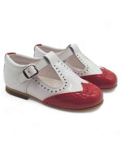 Zapato T-bar blanco y rojo de charol | Calzado infantil al por mayor Made in Spain