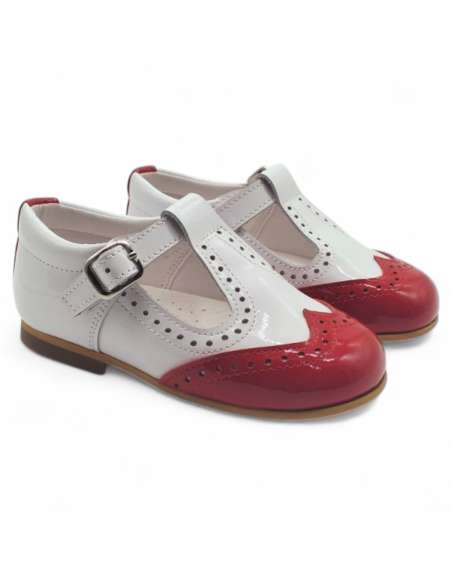 White & Red T-bar Patent Leather Shoe | Wholesale Kids Shoes Made in Spain