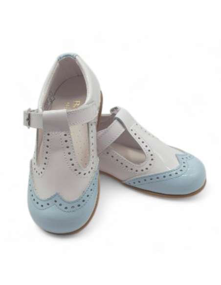Zapato T-bar blanco y celeste de charol | Calzado infantil al por mayor Made in Spain