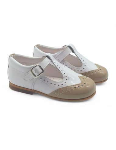 White & Camel T-bar Patent Leather Shoe | Wholesale Kids Shoes Made in Spain