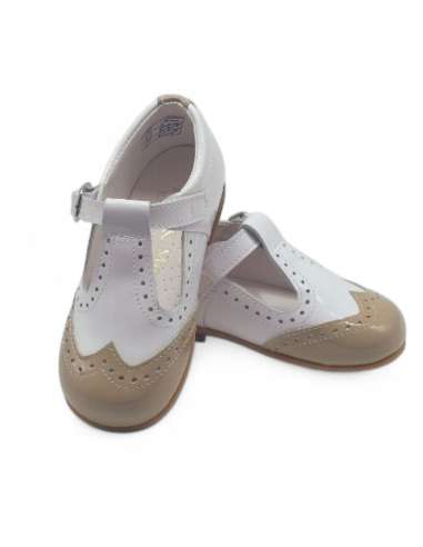 White & Camel T-bar Patent Leather Shoe | Wholesale Kids Shoes Made in Spain