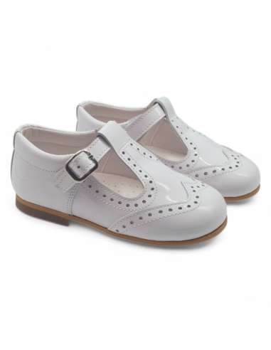 White Bicolor T-bar Patent Leather Shoe | Wholesale Kids Shoes Made in Spain