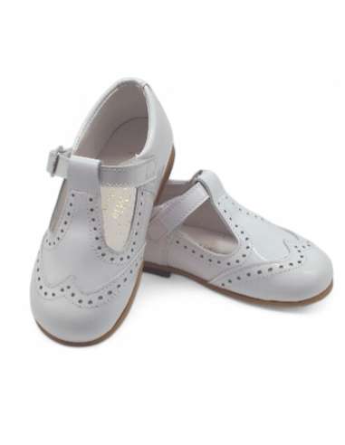White Bicolor T-bar Patent Leather Shoe | Wholesale Kids Shoes Made in Spain