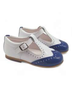 Zapato T-bar blanco y navy de charol | Calzado infantil al por mayor Made in Spain