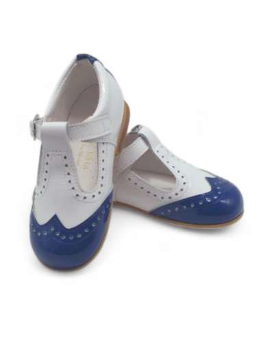 Zapato T-bar blanco y navy de charol | Calzado infantil al por mayor Made in Spain