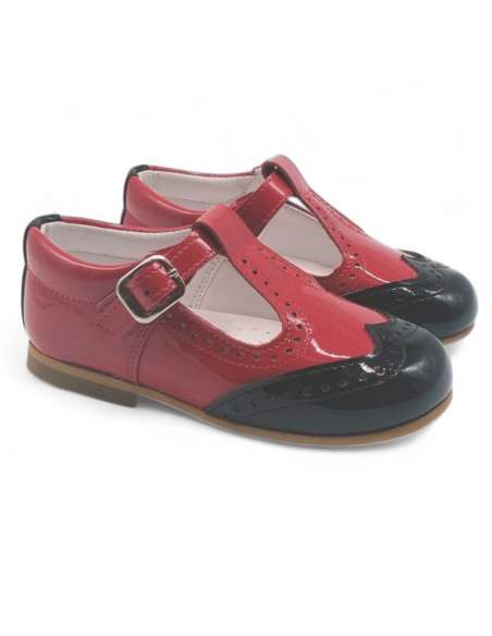 Zapato T-bar rojo y negro de charol | Calzado infantil al por mayor Made in Spain