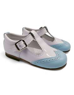 White & Sky Blue T-bar Patent Leather Shoe | Wholesale Kids Shoes Made in Spain